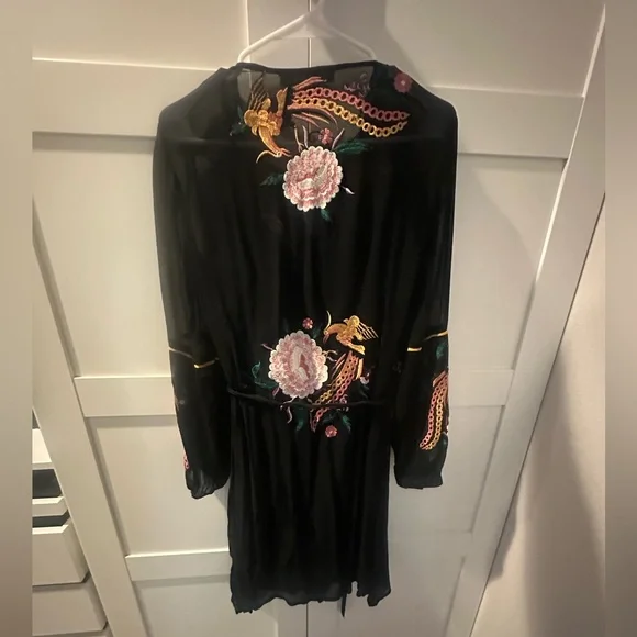 French Connection Sheer Black Embroidered Floral Long Sleeve Dress - Picture 2 of 5